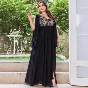 Plus Size Black Evening Gown For Women V Neck Floral Embroidery Cape Sleeve High Slit Chiffon Formal Banquet Maxi Dress
