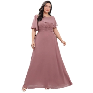 Robe longue élégante en mousseline grande taille vieux rose avec manches à volants pour soirée