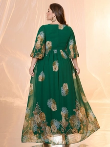 Elegant plus size chiffon maxi dress featuring floral print and long lantern sleeves