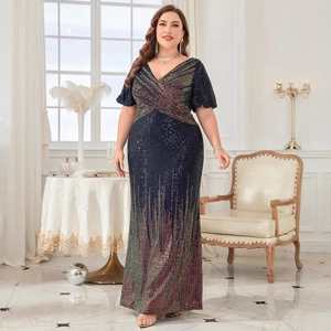 Robe de soirée grande taille avec col en V, sequins colorés et manches fluides élégantes
