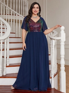 Detail of elegant navy V-neck plus size dress with colorful sequins and chiffon sleeves