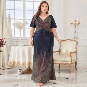 Robe de soirée élégante grande taille bleu foncé à paillettes avec col en V et dégradé