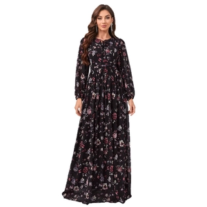 Robe longue élégante en mousseline à imprimé fleuri avec manches lanternes et taille cintrée