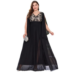 Elegant plus size black evening gown with V-neck sequined floral embroidery and side slit
