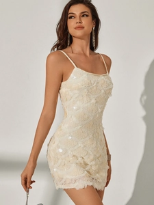 Elegant off-white sequin mini dress with slim straps for cocktail and birthday party