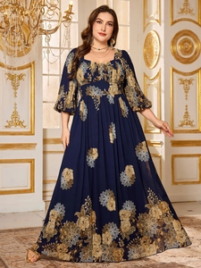 Detailed view of puff sleeves and floral pattern on an elegant navy blue plus size dress