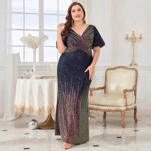 Robe de Soirée à Paillettes Grande Taille Élégante Col en V Profond Dégradé Robe de Fête Maxi pour Femmes Coupe Ajustée