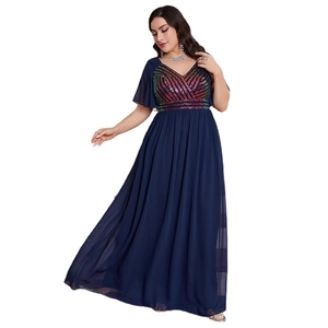 Elegant plus size navy V-neck evening gown with shimmering sequins and flowing chiffon skirt
