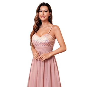 Elegant pink sequin bodice long evening dress with spaghetti straps and chiffon skirt