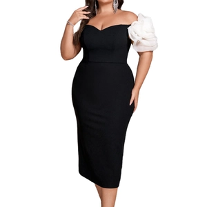 Elegant off-shoulder bodycon dress with oversized 3D flower sleeve in black and white