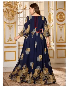 Detailed back view of a navy blue floral chiffon dress showing the hidden zipper closure
