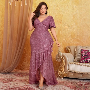 Elegant plus size sequin evening gown with V-neck and asymmetrical ruffle hem in mauve