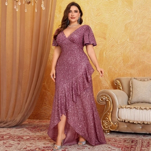 Sparkly purple sequined V-neck evening gown with short sleeves and high-low hemline