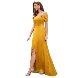 Elegantes senfgelbes Off-Shoulder Abendkleid aus Satin mit Beinschlitz und Drapierung