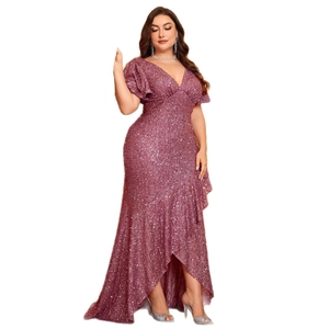 Sparkly purple sequin evening gown with V-neck, flutter sleeves and high-low ruffled hemline
