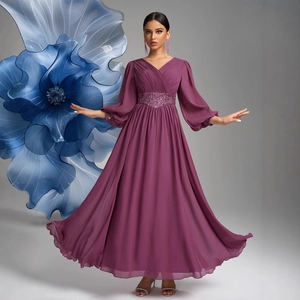 Élégante Robe de Soirée à Col en V Plissée Manches Lanterne avec Taille à Paillettes Robe Maxi en Chiffon pour Femmes Banquet Formel