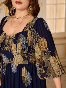 Detail of square neckline and puff sleeves on a navy floral chiffon maxi dress