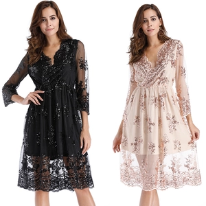 Robe Midi Sexy en Maille à Paillettes et Dentelle pour Femme Col en V Élégante Manches 3/4 Coupe en A Robe de Soirée Formelle Or Noir