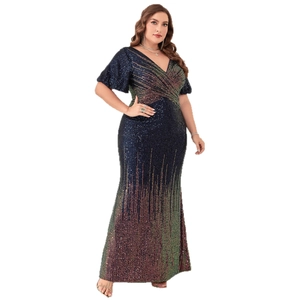 Robe de soirée grande taille bleu foncé à paillettes avec col en V et manches papillon