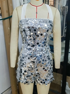Sparkly silver sequin halter neck romper for women with white backless tie straps