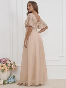 Detail of V-neck backless evening gown with champagne sequins and ruffled chiffon sleeves