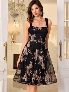 Elegant black A-line cocktail dress with gold floral sequin embroidery and square neckline