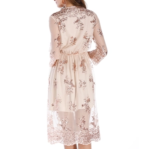 Vue détaillée du dos d'une robe en tulle champagne avec des paillettes et broderies dorées