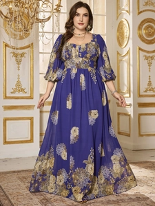 Detailed close-up of square neck and floral print on navy blue chiffon plus size dress