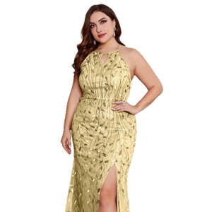 Champagne halter neck plus size evening dress with sequin embroidery and high slit
