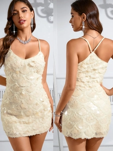 Robe Mini Moulante Sexy À Paillettes Pour Femmes Col En V Dos Nu Sans Manches Abricot Crème Scintillante Pour Fête Club Anniversaire Soirée