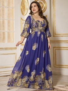 Detail of square neckline and floral print on plus size long sleeve chiffon dress
