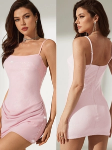 Élégante Robe Mini à Paillettes Rose à Bretelles Spaghetti Sexy Drapée Coupe Ajustée Sans Manches pour Fête Banquet Femme Bijoux