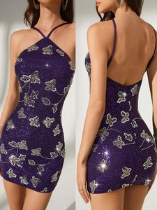 Sexy Purple Sequin Halter Dress Backless Butterfly Pattern Slim Fit Mini Party Dress Evening Cocktail Birthday Dress