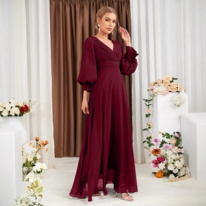 Elegant deep wine red V-neck evening gown with puff sleeves and flowy chiffon skirt