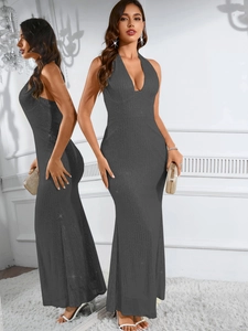 Deep grey sequin backless long dress with halter neck and slim fit mermaid silhouette