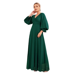 Elegant dark green V-neck maxi dress with puff sleeves and cinched waist for prom