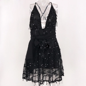 Close-up of black sequined mini dress featuring deep V-neck and halter neck detail