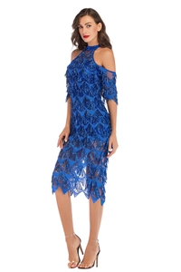 Détail de paillettes bleu roi et franges sur une robe de soirée dos nu en tulle