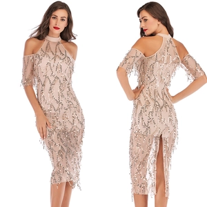 Women Sexy Cold Shoulder Sequin Fringe Dress Halter Neck Slim Fit Midi Evening Gown Party Wedding Guest Elegant Dress