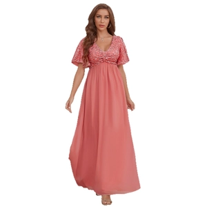 Elegant V-neck evening gown in dusty pink featuring sequined bodice and chiffon skirt