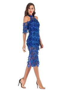 Détail de la robe à franges et paillettes bleu roi avec licou et motifs en maille étincelante