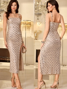 Abito da Donna Elegante in Paillettes Champagne con Spalline Sottili Sexy Spacco Alto Midi Abito da Sera Bodycon Slim Fit