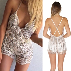Women Sexy V Neck Silver Sequin Romper Backless Crisscross Straps Wavy Hem Playsuit For Party Club Summer Vacation Clothing