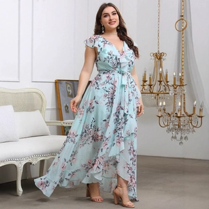 Vestito Maxi a Fiori Taglie Forti Scollo a V con Volant Elegante Orlo Asimmetrico Festa Sera Banchetto Senza Maniche Poliestere