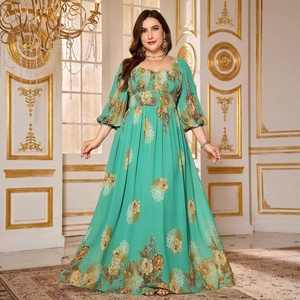 Women Plus Size Floral Print Maxi Dress Elegant Chiffon Square Neck Lantern Sleeve High Waist A-Line Party Wedding Long Dress