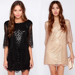 Abito Sexy da Donna con Paillettes Mini Girocollo Motivo a Onde Senza Schienale Mezza Manica Party Club Serata Nero Oro