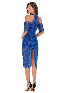 Détail de robe à paillettes bleu marine avec franges et motifs géométriques élégants