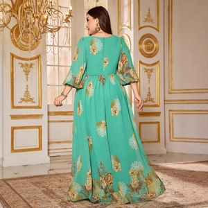 Elegant mint green floral chiffon maxi dress with lantern sleeves and a flowing skirt
