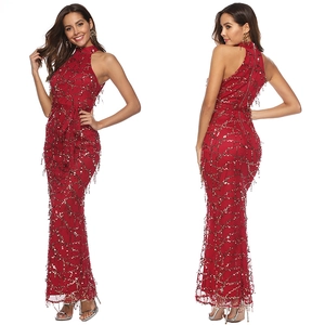 Robe Maxi à Col Halter Paillettes et Glandes Femme Sexy Dos Nu Sirène Robe de Soirée Formelle Fête Mariage Invité