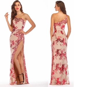 Women One Shoulder Sequin Evening Gown Sexy High Slit Embroidery Maxi Dress For Wedding Banquet Party Clubwear